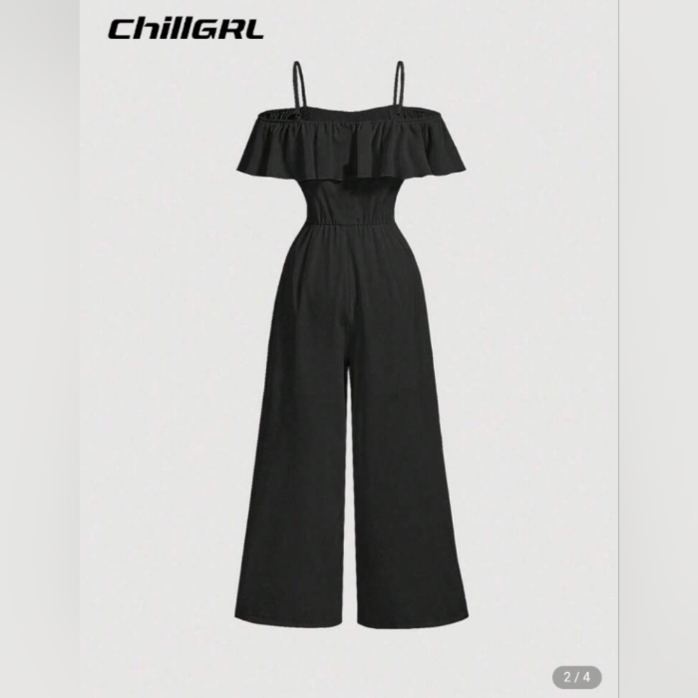 SHEIN Black Ruffle Off-Shoulder Jumpsuit